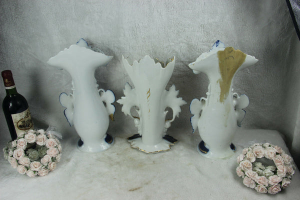 Antique French vieux paris porcelain set 3 Vases floral decor 1900