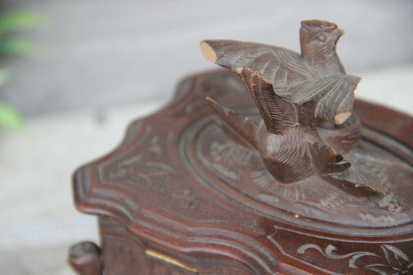 Antique Swiss black forest wood carved jewelry trinket box birds nest  velvet