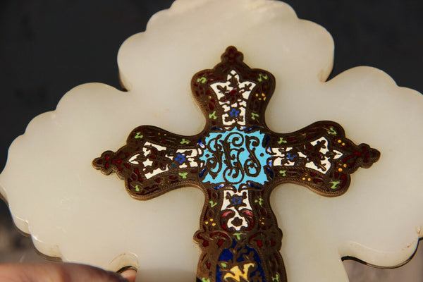 Antique french religious onyx marble crucifix enamel decoration holy water font