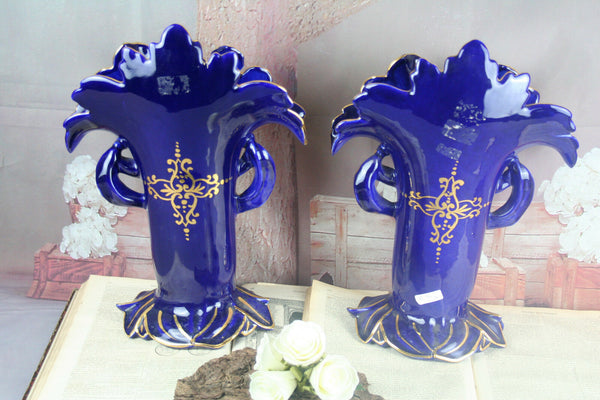 PAIR Porcelain Blue Cornet Vases French 1950