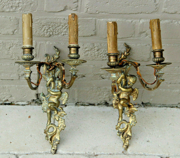 PAIR antique bronze Wall lights sconces putti angel figurines 2 arms