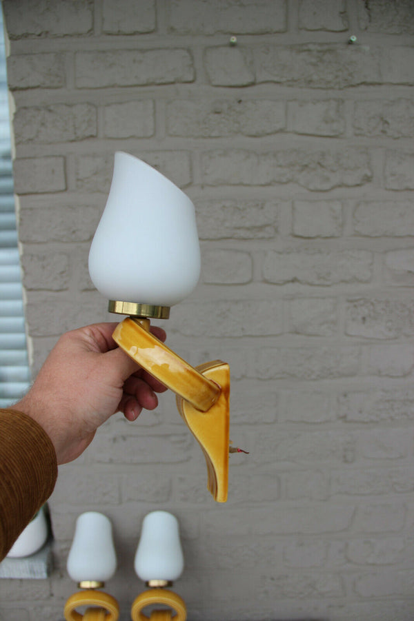 Set 3 Retro Ceramic yellow 1950s opaline glass  wall lights sconces VALLAURIS