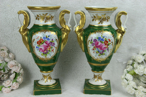 PAIR French Limoges PILLIVUYT marked porcelain Floral vases swan handles