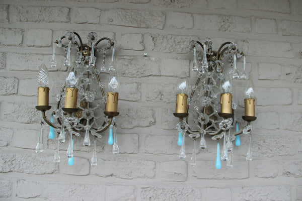 PAIR Murano turquoise glass drops flowers chains wall lights sconces 1960
