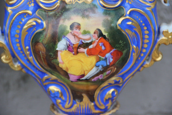 PAIR antique French vieux paris porcelain hand paint romantic victorian scene