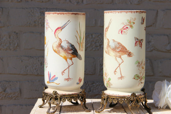 PAIR antique French faience Vases heron butterfly birds Brass base