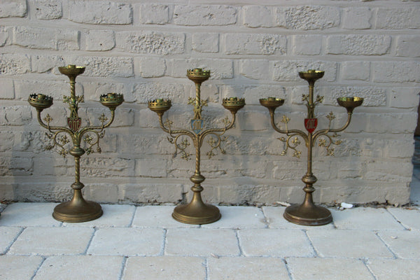 Antique French Religious set 3 Altar 3 arm Candelabras Candle holder Brass