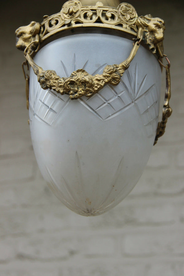 Antique brass crystal glass Val saint lambert shade Ram heads lantern chandelier