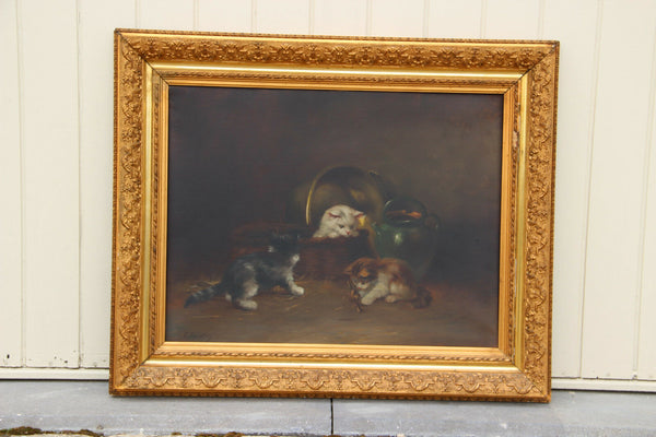 Top british artist E perretton (XIX) oil canvas kittens playing painting signed