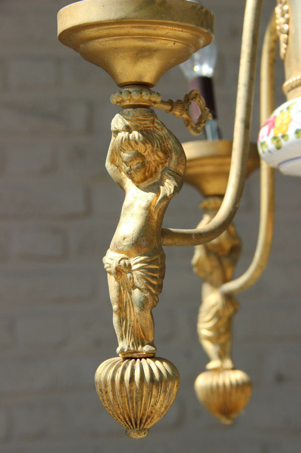 French Faience De lest Floral 3 arms metal putti figurines chandelier