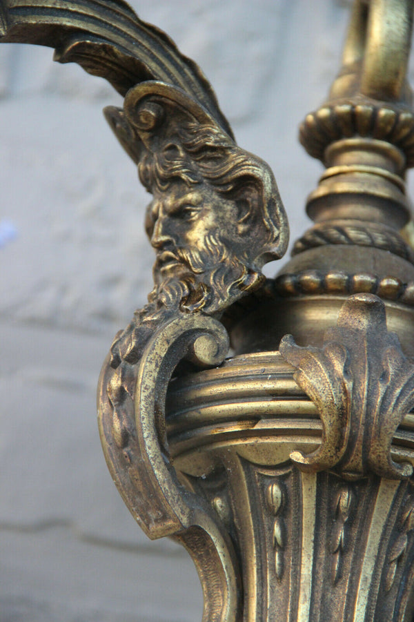 Antique Bronze 3 arm Satyr heads gothic castle chandelier 19th century