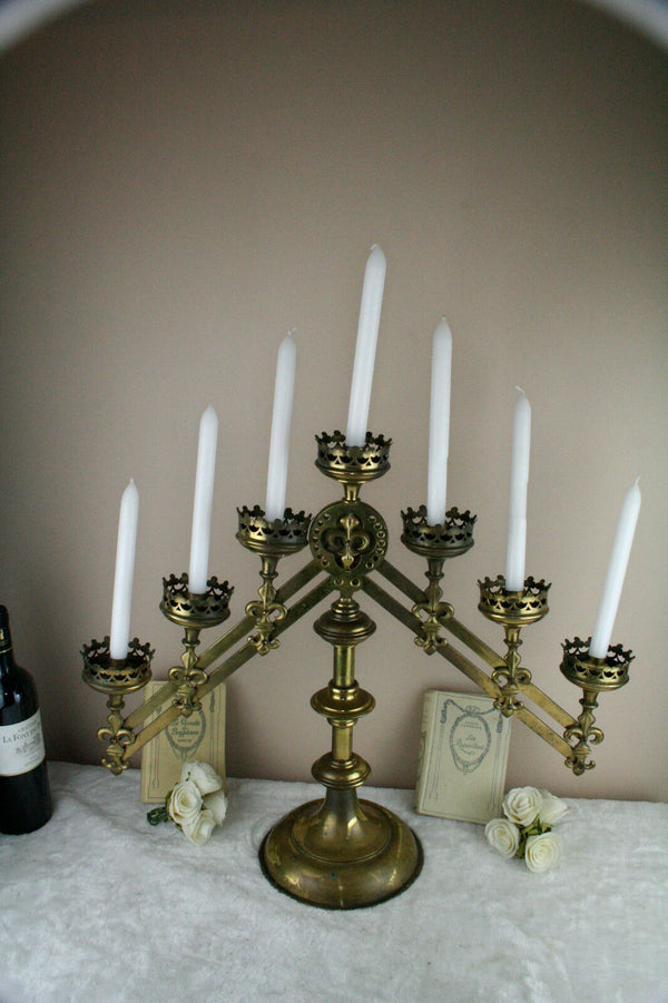 HUGE 7 arms neo gothic copper church altar candelabra religious fleur de lys