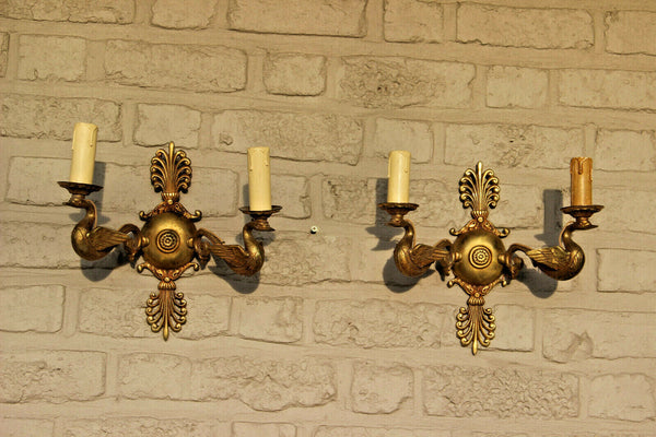 PAIR French bronze empire Swan figurine animal Wall lights sconces