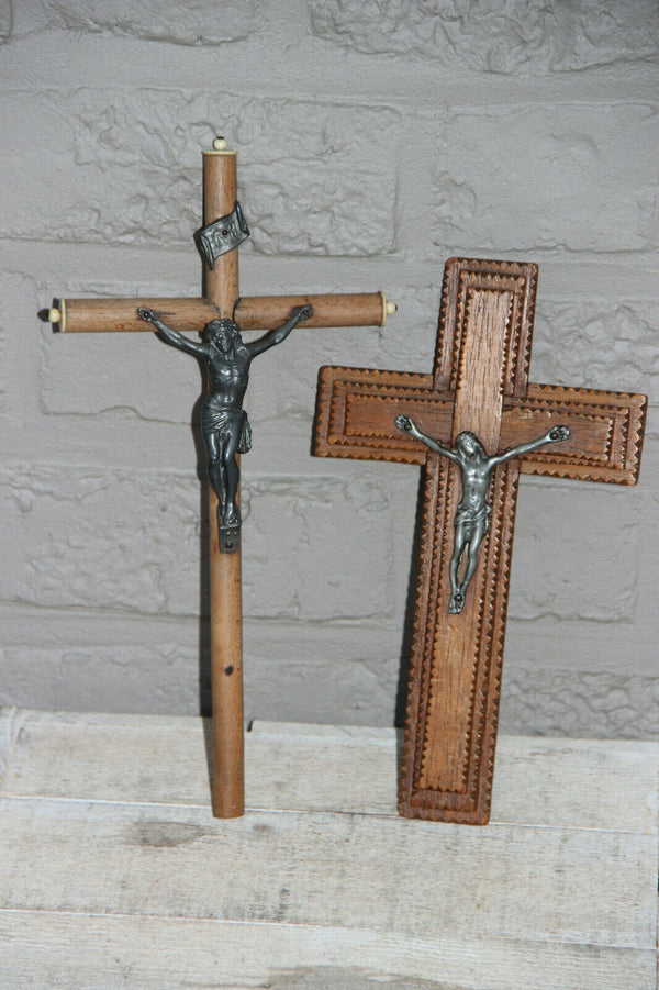 PAIR antique french religious wood carved crucifix