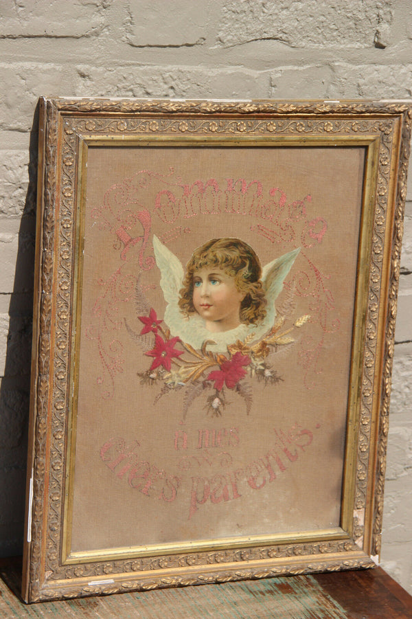 Antique Communion gift French embroidery framed Angel putti religious
