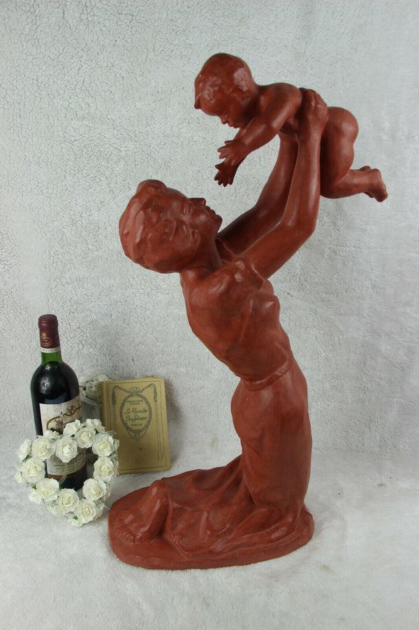 Flemish Terracotta Sculpture statue Mother child signed PAUL SERSTE