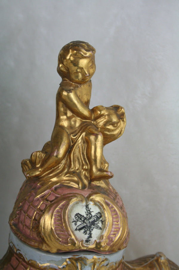 Belgian signed Guerin marked clock pottery faience putti cherubs  urns