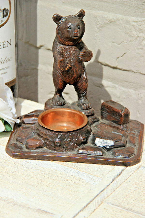 Antique hand Black forest wood carved swiss bear statue ashtray