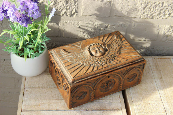 Antique religious church wood carved neo gothic religious putti angel  Box