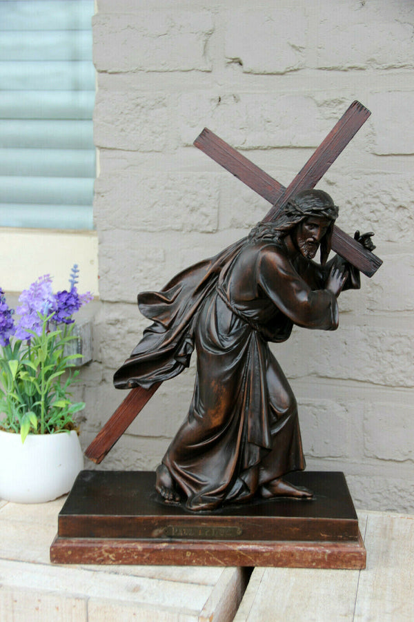 Antique French spelter bronze marble base Jesus christ cross statue marked