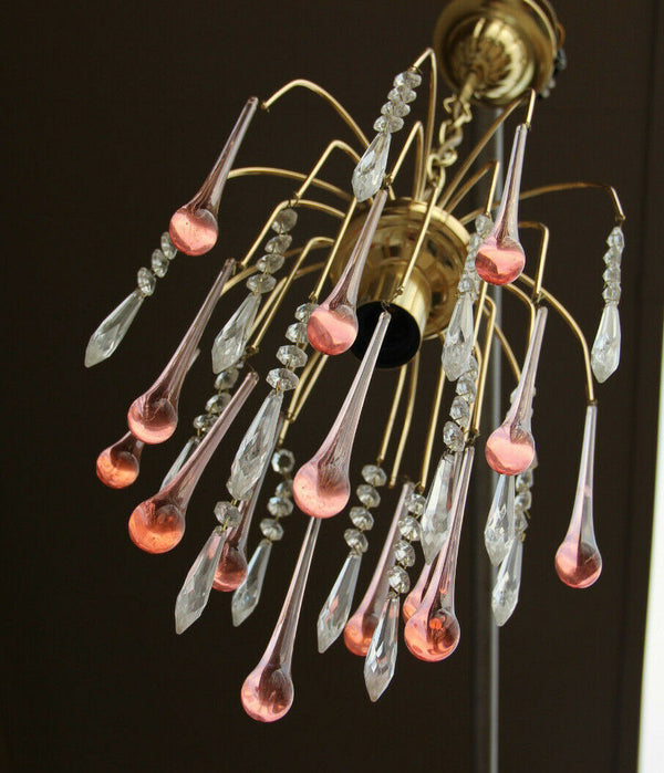 Vintage Murano drops pink Mid century Pendant chandelier brass 1970