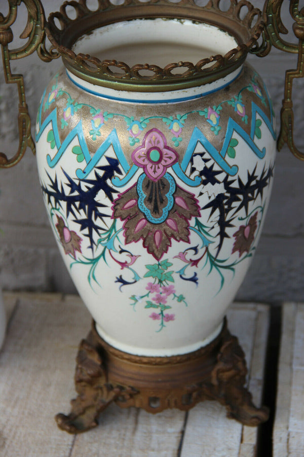 Antique 19thc ceramic pottery  Vase enamel decor gothic dragon satyr heads