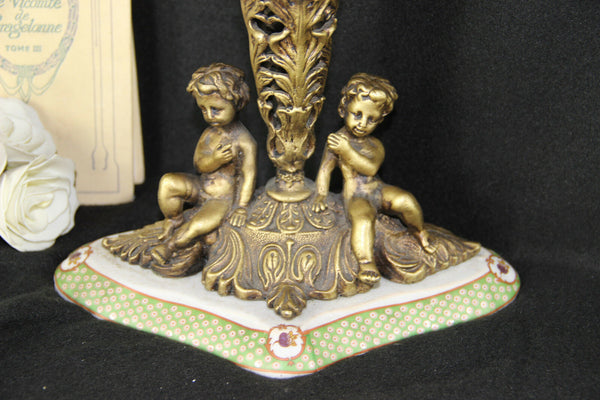 Large Vintage Faience ceramic with putti figurines base marked CT eagle