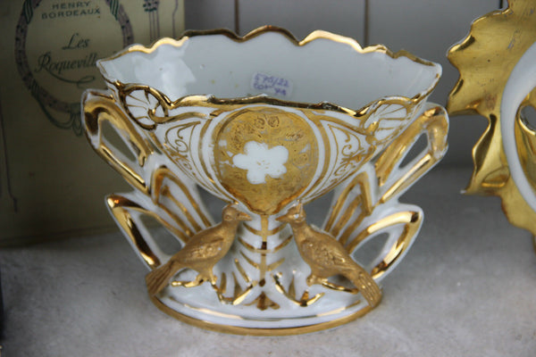 SET Vieux brussels porcelain Gold gilt Vases birds floral