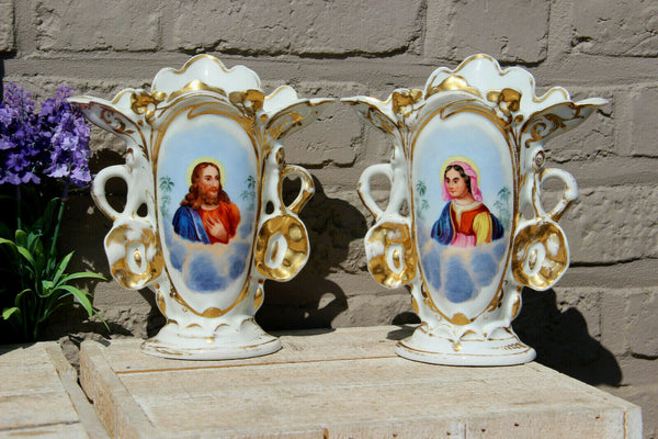 Pair antique french vieux paris porcelain jesus madonna portrait Vases religious