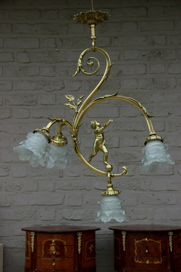 Gorgeous French bronze putti angel 4 arm chandelier pendant lamp shades n1