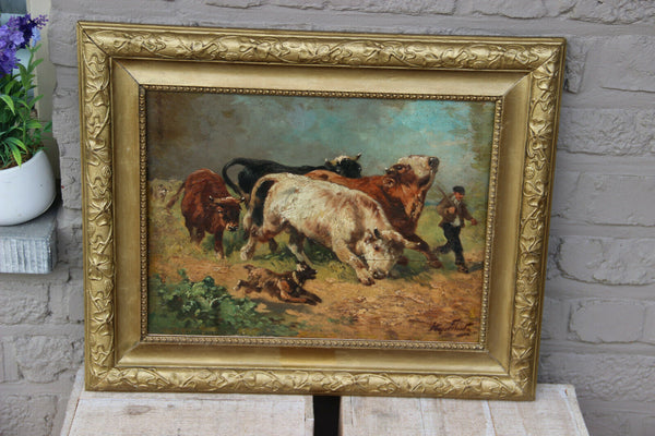Antique oil on panel HENRY SCHOUTEN painting farmer and his dog bulls signed