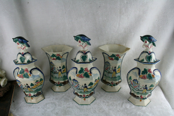 Antique Vases French Set 5 polychrome pottery  QUIMPER Vases