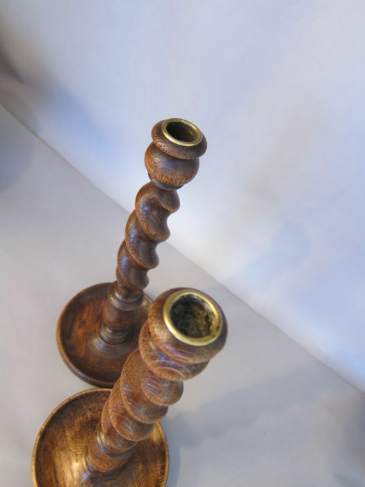 Antique pair Rustic English Oak Wood Candlesticks Barley twist candle holder