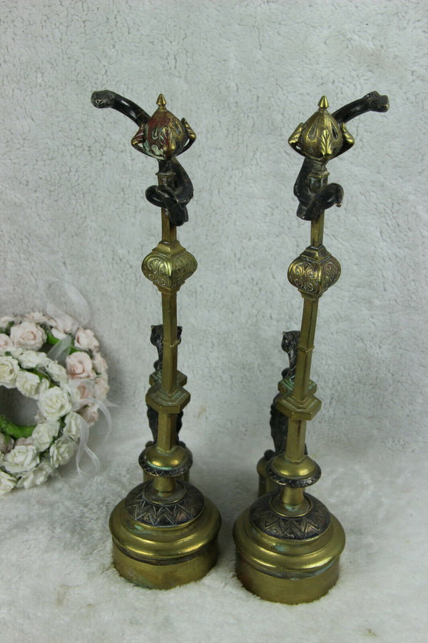 PAIR antique French bronze fireplace andirons Dragon gothic snake Figural