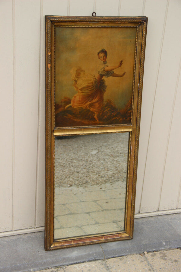 Antique French Trumeau mirror wood stucco litho victorian lady after Boucher