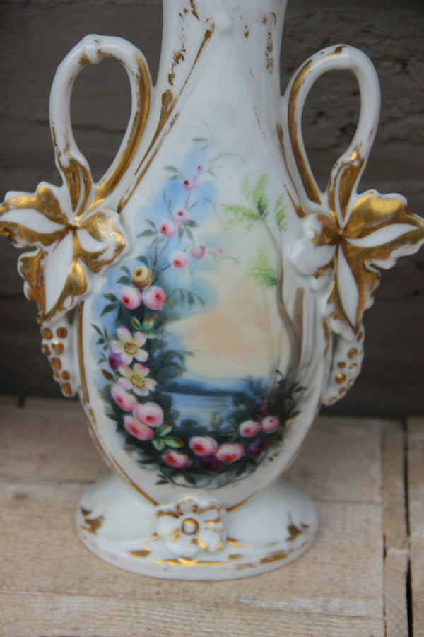 PAIR antique vieux paris porcelain  hand paint floral porcelain vases