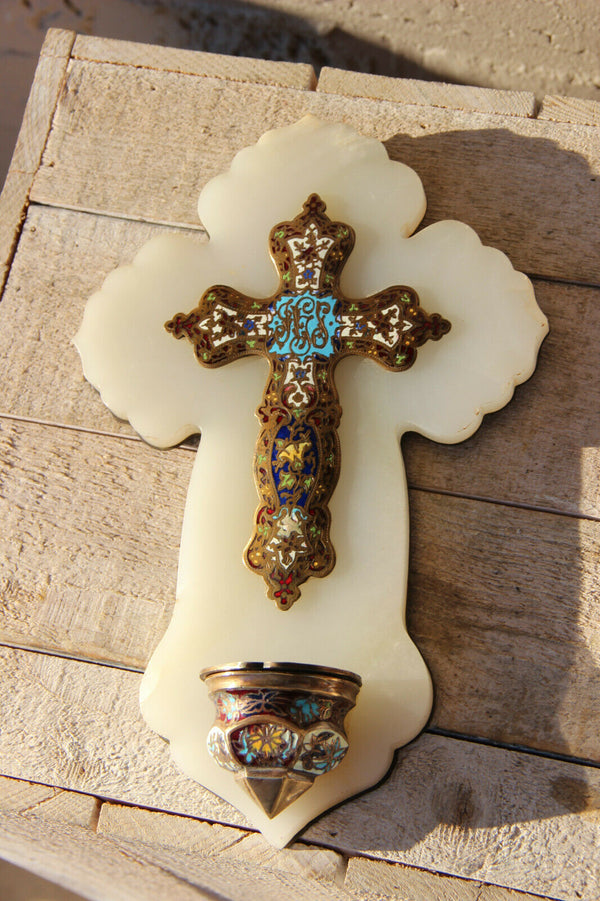 Antique french religious onyx marble crucifix enamel decoration holy water font