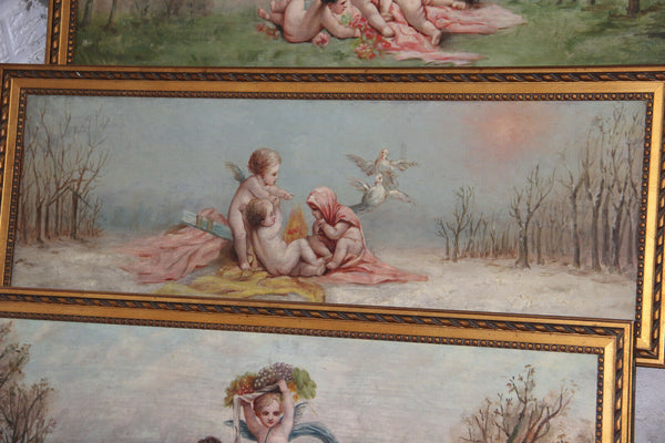 Top French Antique set 4 oil canvas Painting Putti angels  4 Seasons