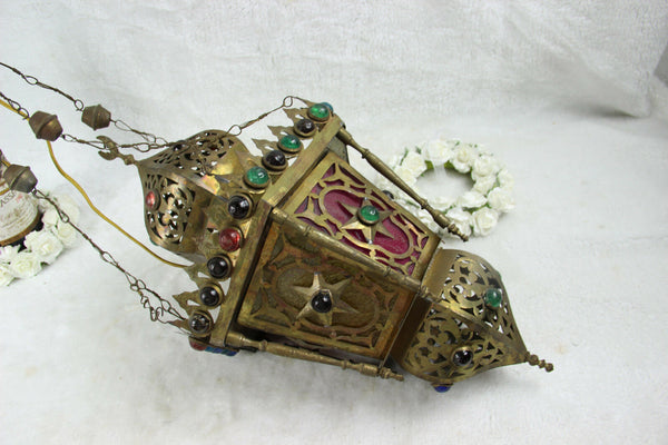 Antique Oriental Brass Multi colour glass lantern pendant lamp chandelier