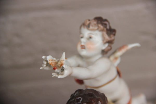Antique German Volkstedt porcelain marked putti group figurine statue bird