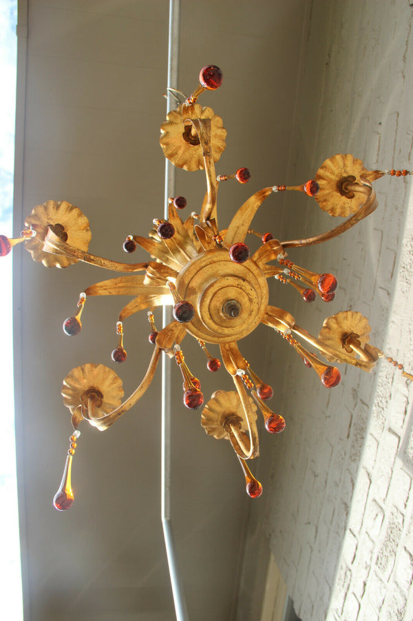 Hollywood regency mid century Maison jansen Floral metal chandelier murano drops