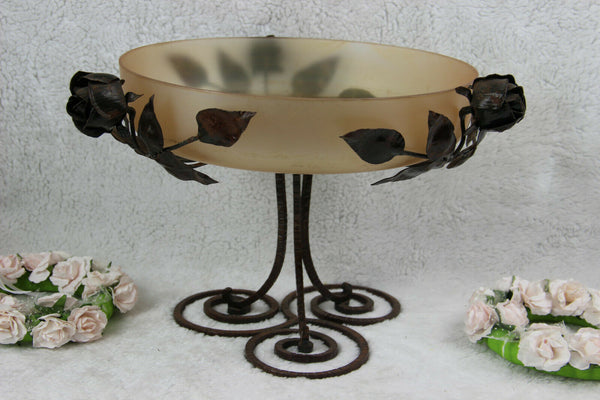ART Nouveau French antique cast iron rose flowers Rose Glass bowl centerpiece