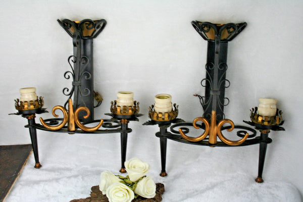 PAIR cast iron metal gothic castle  French 1960s Vintage Sconces wall