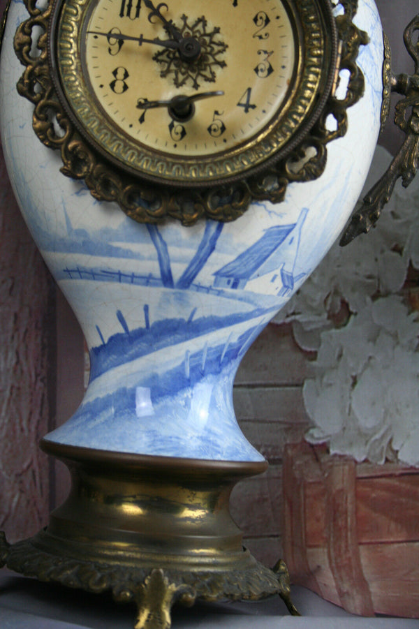 Blue white Pottery Mills landscape Candelabras set with Clock Dutch 1920's