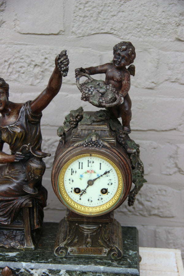 Antique French spelter Bronze group lady putti with grapes clock marble base