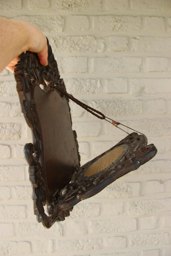 Antique XL Black Forest Wood carved letter holder Bruges LAce carriage 1881