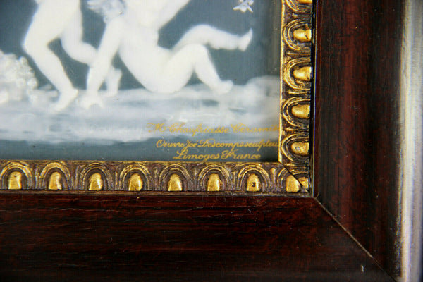 Antique Limoges porcelain plaque framed signed CHAUFRIASSE putti