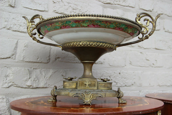 Gorgeous Canton chinese porcelain plate Bronze frame lion paws centerpiece bowl