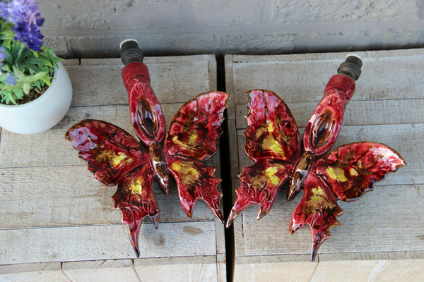 PAIR french vintage Vallauris ceramic butterfly wall lights sconces rare 1970