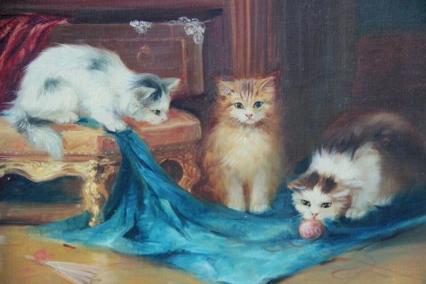 Flemish school oil canvas kittens cats animal painting signed Merson 1950s n2